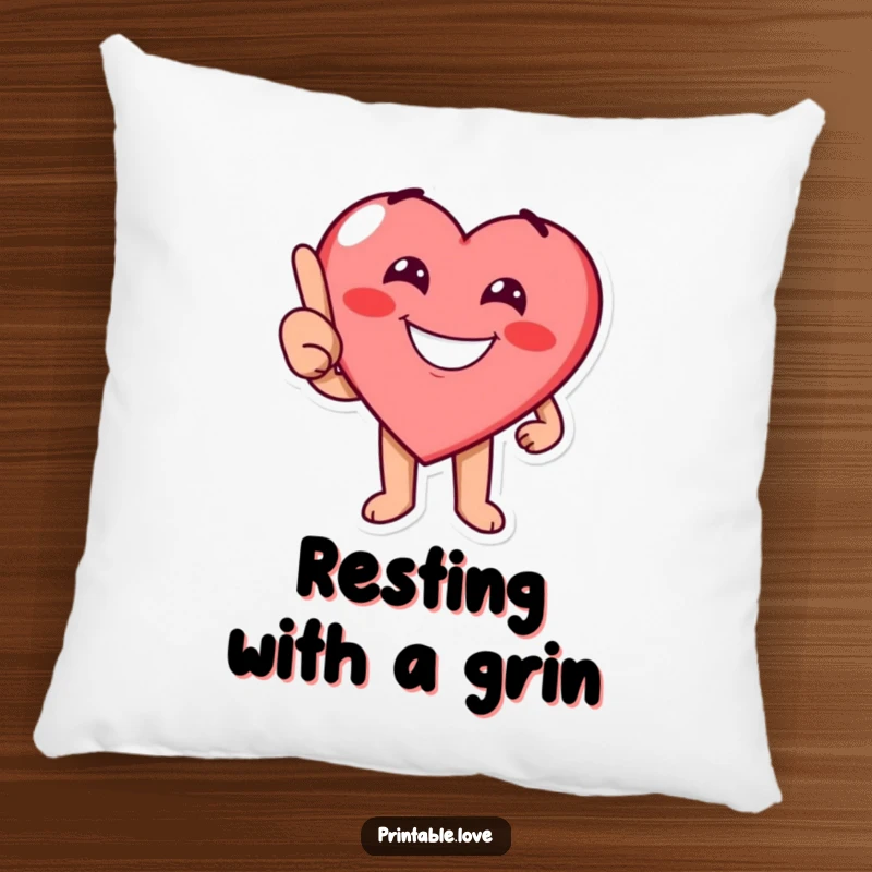 Funny heart character with a cheerful grin playfully pointing on a soft pillow, perfect for comfort and whimsy.