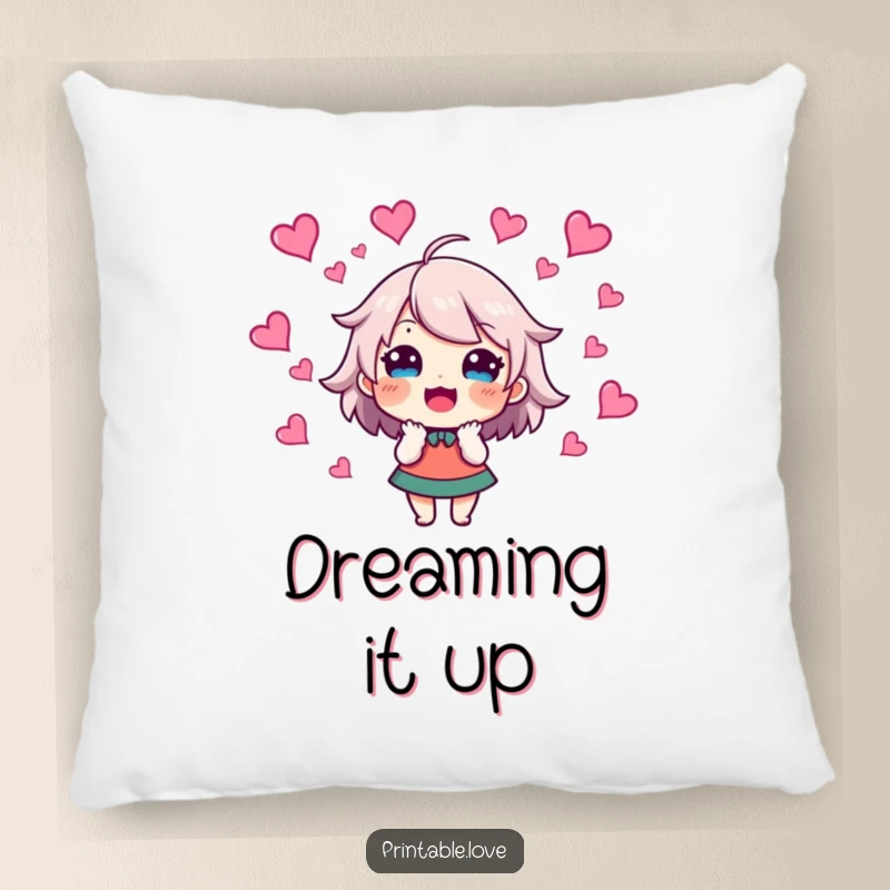 Funny Pillow with an excited character surrounded by swirling hearts, offering comfort and a warm, joyful ambiance.