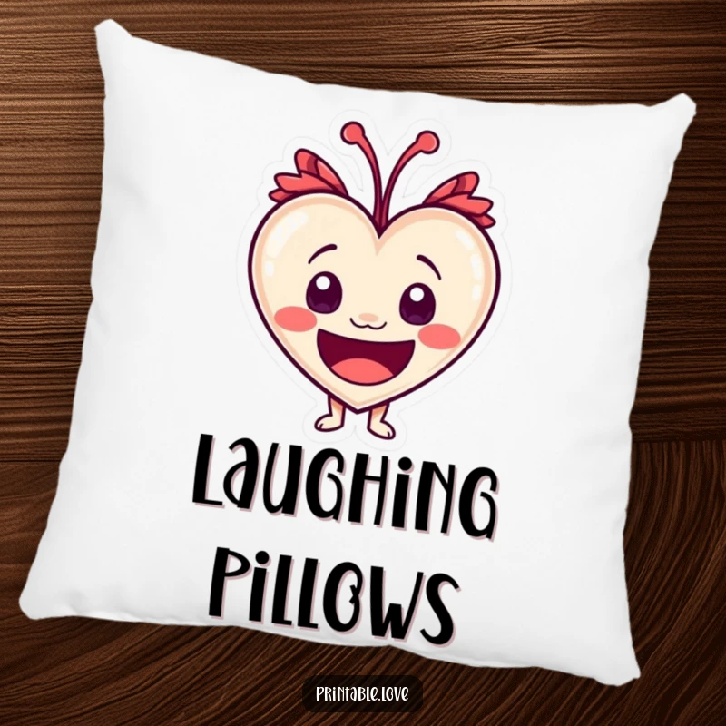 Funny heart character with wide, excited eyes in fits of laughter, featured on a soft, decorative pillow.