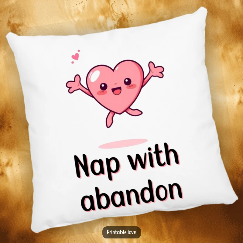 Funny Tiny Heart Leaping Pillow: A plush pillow showing a small heart character joyfully leaping with its arms spread wide in a happy pose.