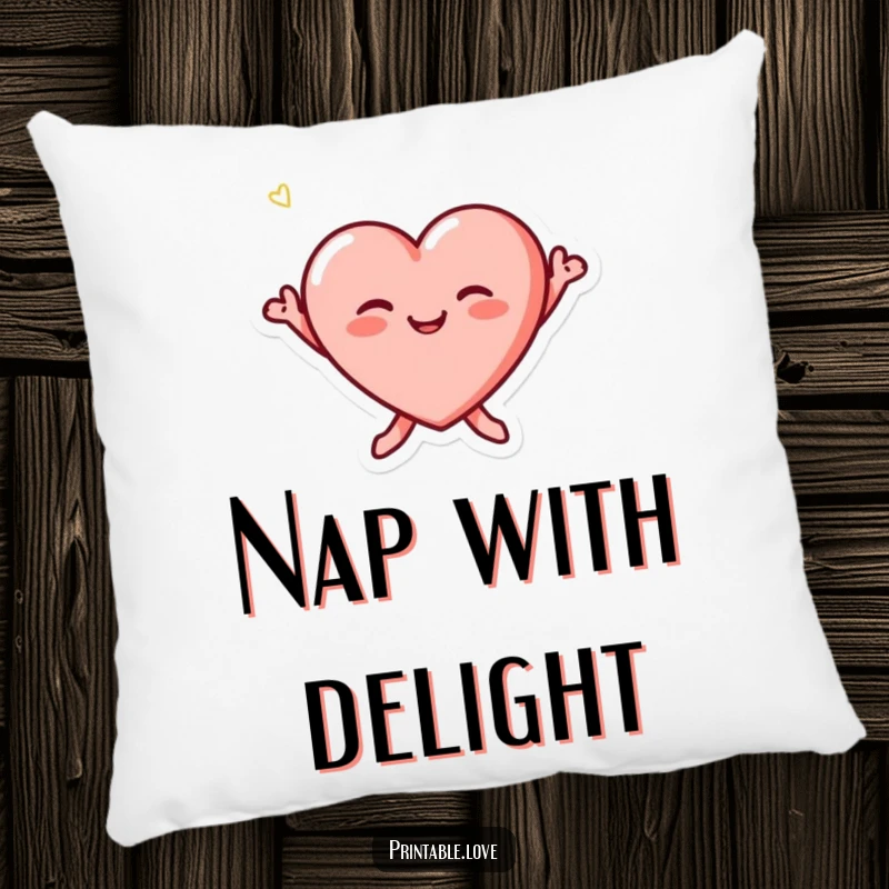 Funny tiny heart character with blushed cheeks caught in a joyful jump, featured on a soft, decorative pillow.