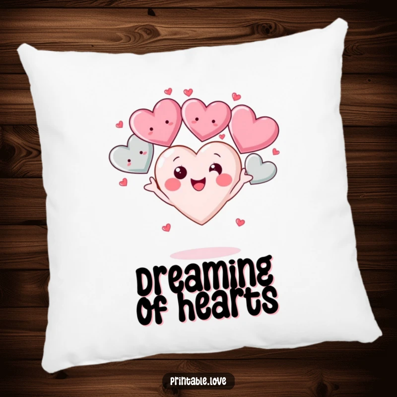 Funny Kawaii Heart Pillow: A plush pillow featuring a cute heart character happily juggling multiple smiling hearts, perfect for cozying up with affectionate vibes.