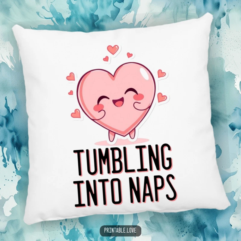 Funny heart character joyfully tumbling head over heels, featured on a soft, decorative pillow.
