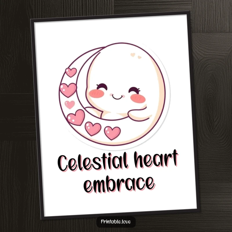Funny moon digital art print, featuring a smiling character holding a crescent moon made of hearts, for instant celestial and humorous decor.