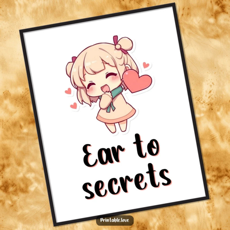Funny secret whisper digital art print of a character excitedly whispering secrets into a heart-shaped ear, perfect for intimate decor.