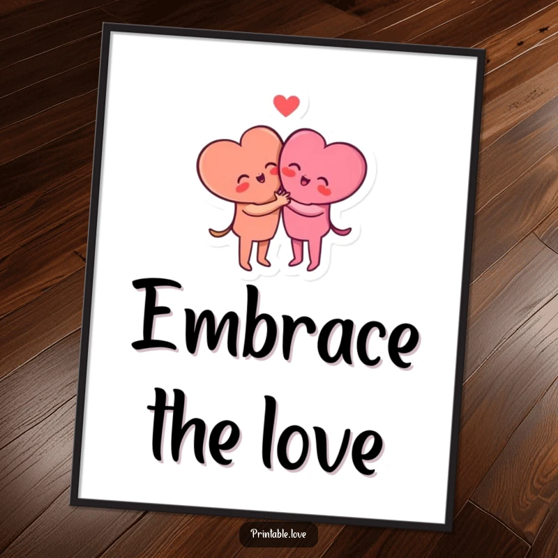 Funny small heart characters in a tender embrace, available as a high-resolution digital art print.
