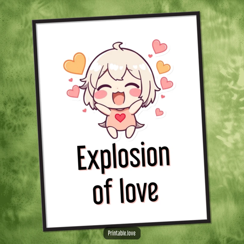 Funny excited character digital art print, hearts bursting around the head, instant download.