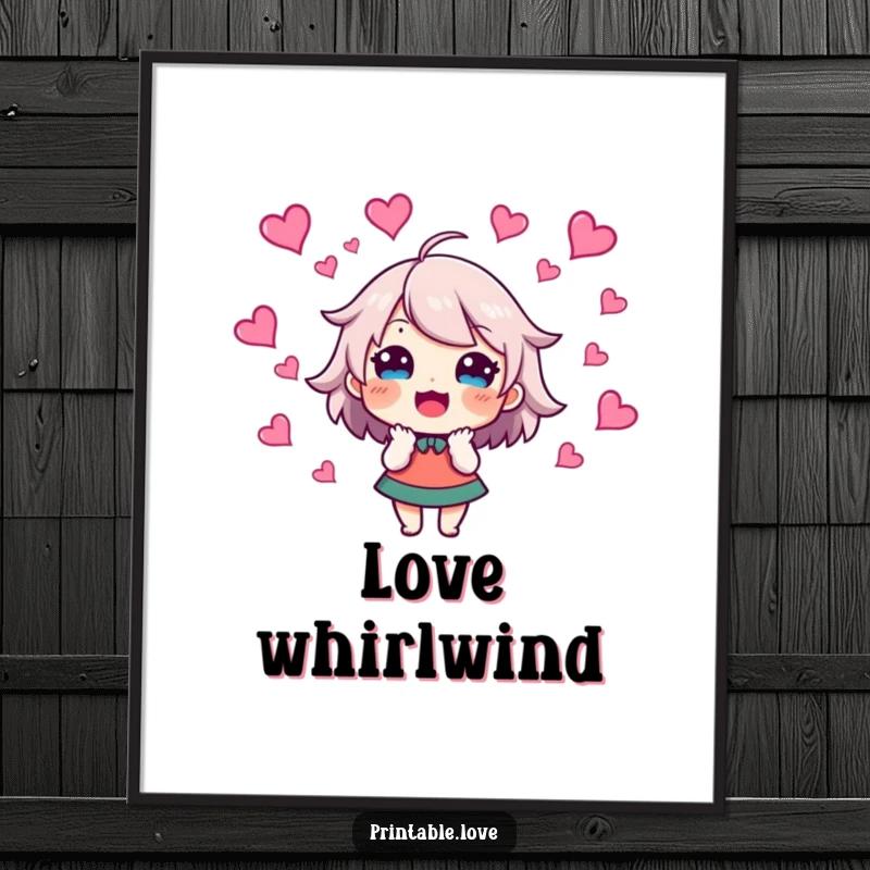 Funny Digital Art Print of an excited character with vibrant hearts swirling around their head, ideal for instant joyful decor.