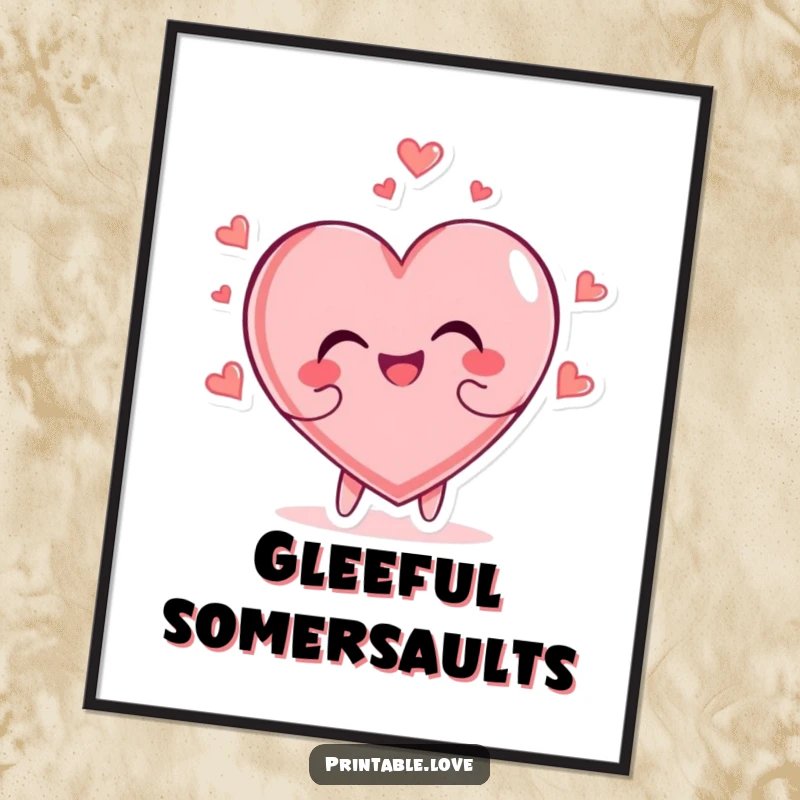 Funny heart character joyfully tumbling head over heels, available as a high-resolution digital art print.