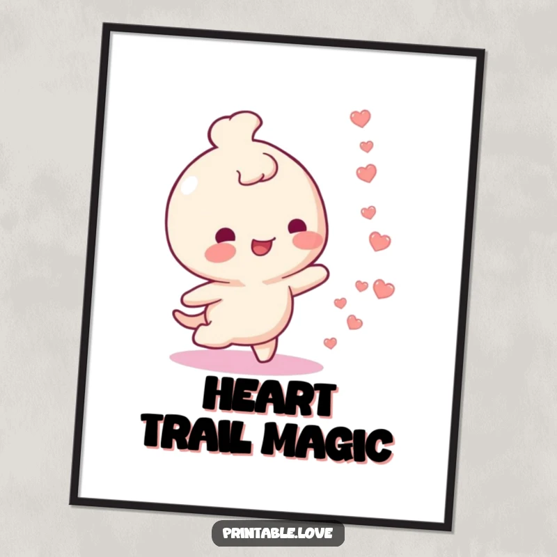 Funny digital art print of a happy character leaving a trail of small floating hearts. Instant joyful decor.