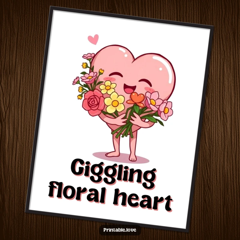 Funny Heart Digital Art showcasing a giggling heart character holding a bouquet of flowers, ready for printing and spreading love and joy.