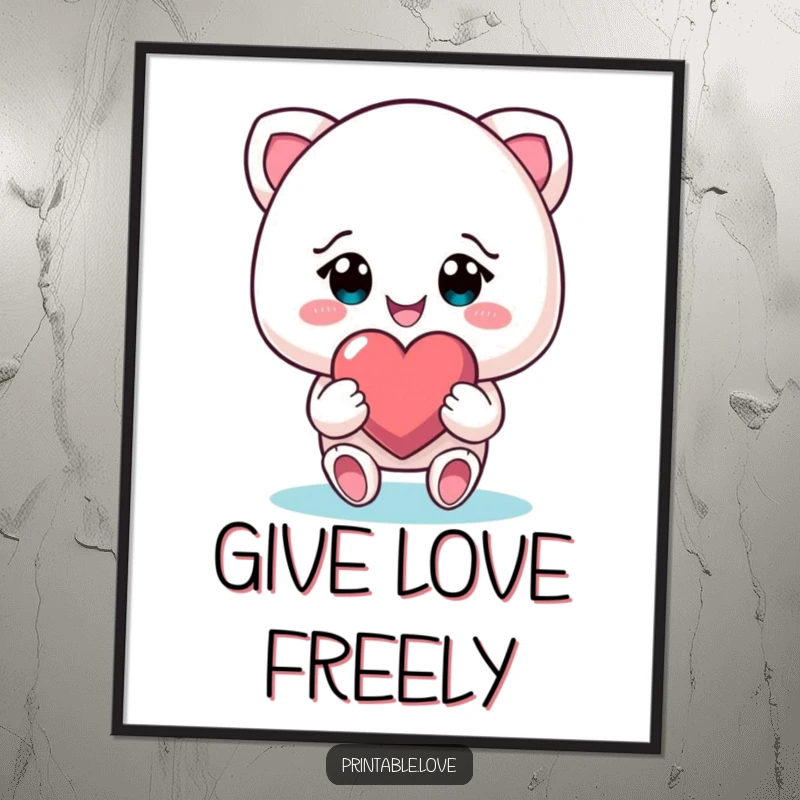 Funny smiling character, downloadable art print, gifting a heart with beaming eyes, conveying love and happiness for any use.