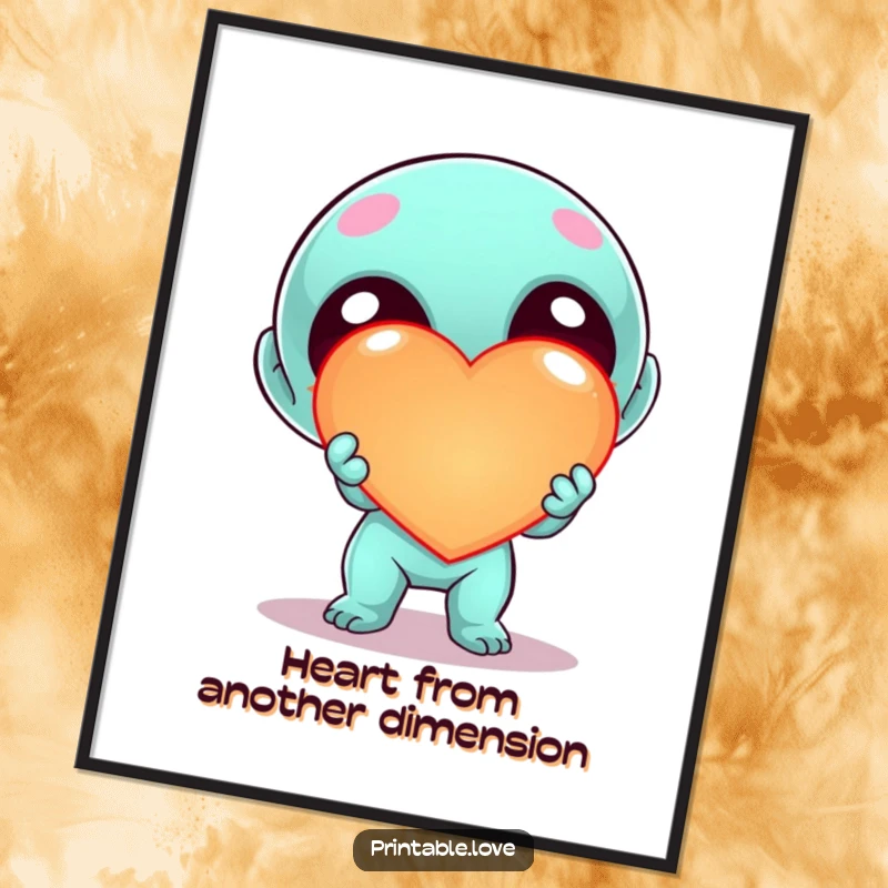 Funny Kawaii Alien Heart Digital Art Print, cute cartoon alien enthusiastically offering a large, glowing heart, cheerful sci-fi printable decor.