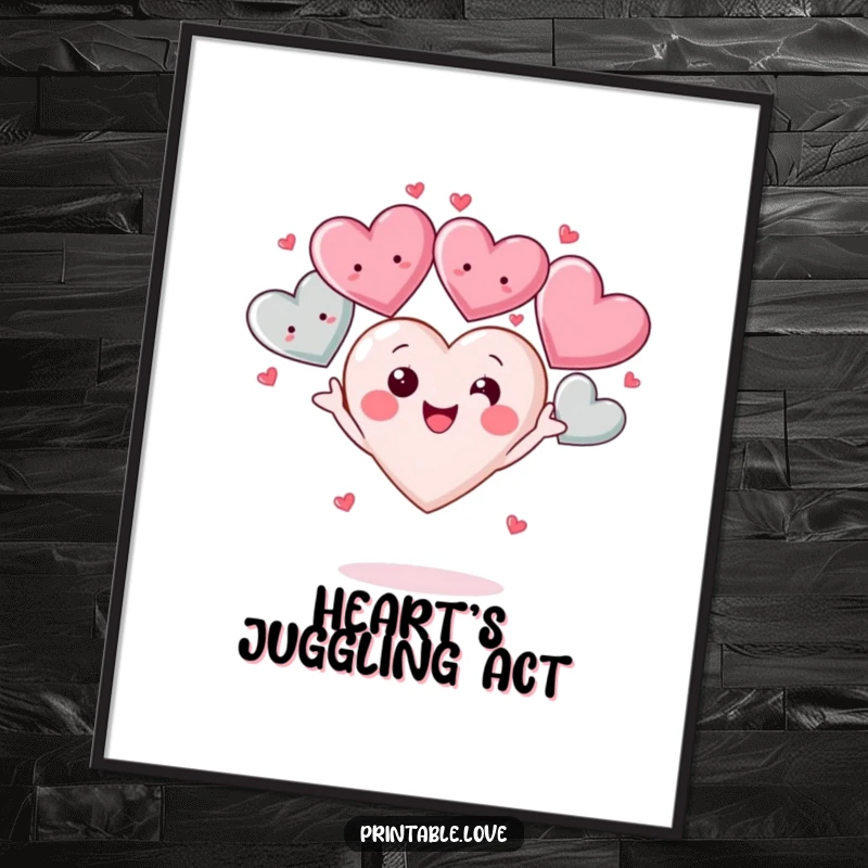 Funny Kawaii Heart Digital Art Print: A digital illustration of a cute heart character joyfully juggling multiple smiling hearts, perfect for vibrant wall art.