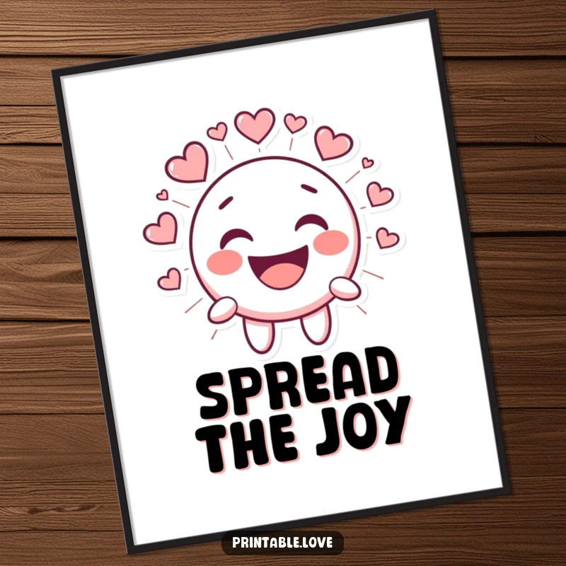 Funny Kawaii Smiley Face Digital Art Print, cute cartoon face bursting with laughter, radiating heart shapes, cheerful printable decor.