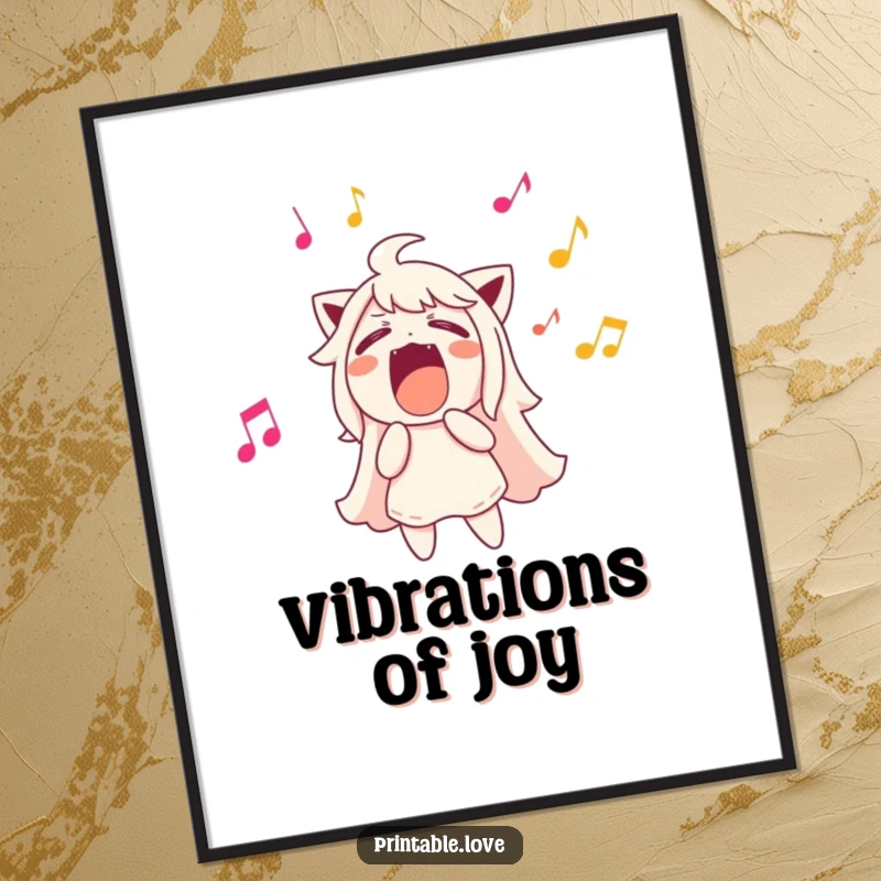 Funny character singing loudly, musical notes flying out, digital art print, instant music decor.