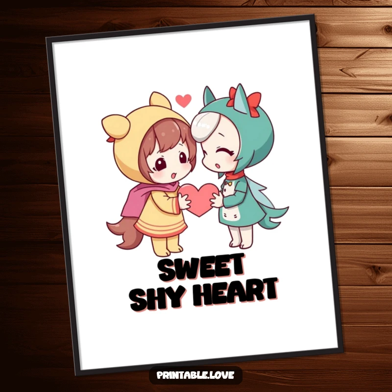 Funny shy character digital art print, a playful figure offering a heart, instant download.