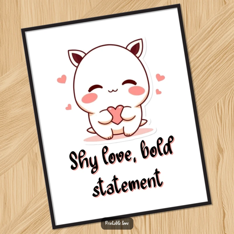 Funny shy kawaii character digital art print, blushing and offering a heart, instant cute decor, downloadable art for home or office.