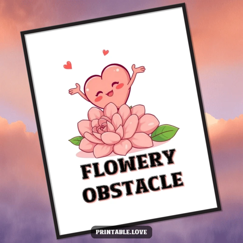 Funny digital art print of a chubby heart character comically tripping over a giant flower, arms flailing in a hilarious pose.
