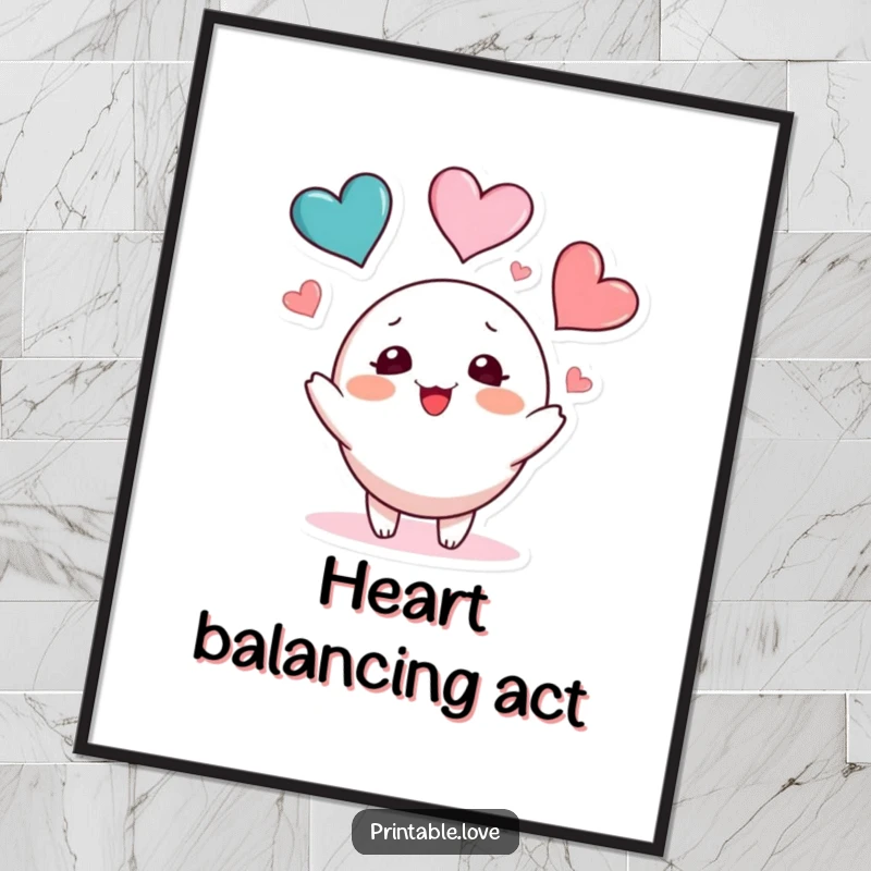 Funny heart juggling digital art print of a round, blushing character playfully tossing three colorful hearts, perfect for cheerful decor.