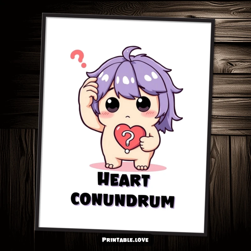 Funny Digital Art Print of a perplexed character scratching their head, holding a heart question mark, ideal for instant wall decor.