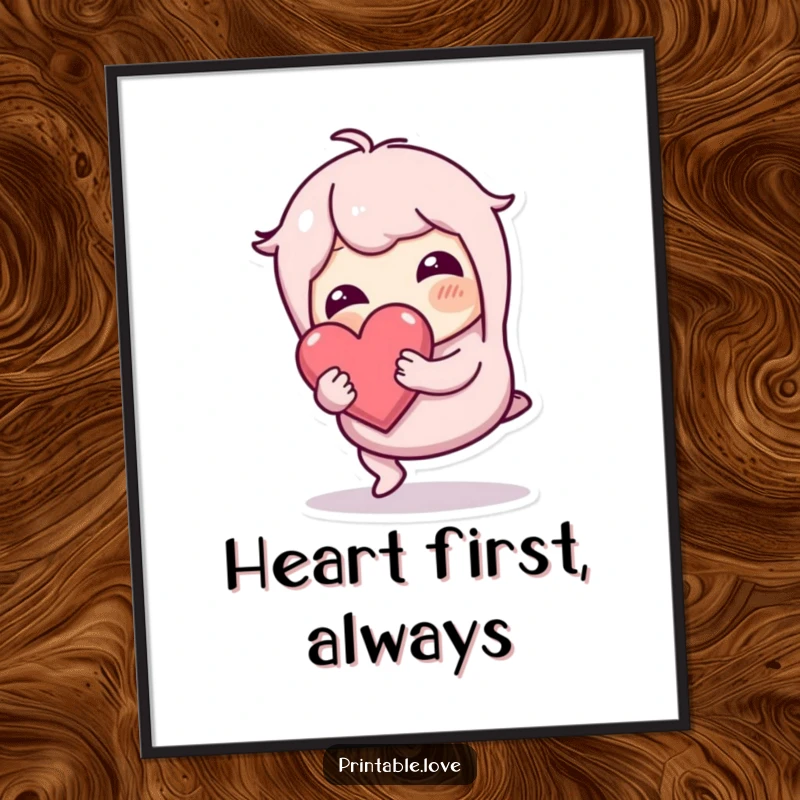 Funny wobbly character, downloadable art print, tripping but holding a heart safely, conveying dedication and love for any use.