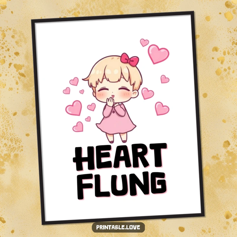 Funny Digital Art Print of a cute character blowing kisses, creating a magical trail of floating hearts, ideal for instant wall decor.