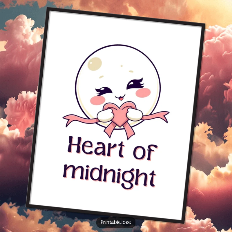 Funny Kawaii Moon Digital Art Print: High-resolution artwork of a mischievous winking moon character holding a heart ribbon, perfect for digital display.