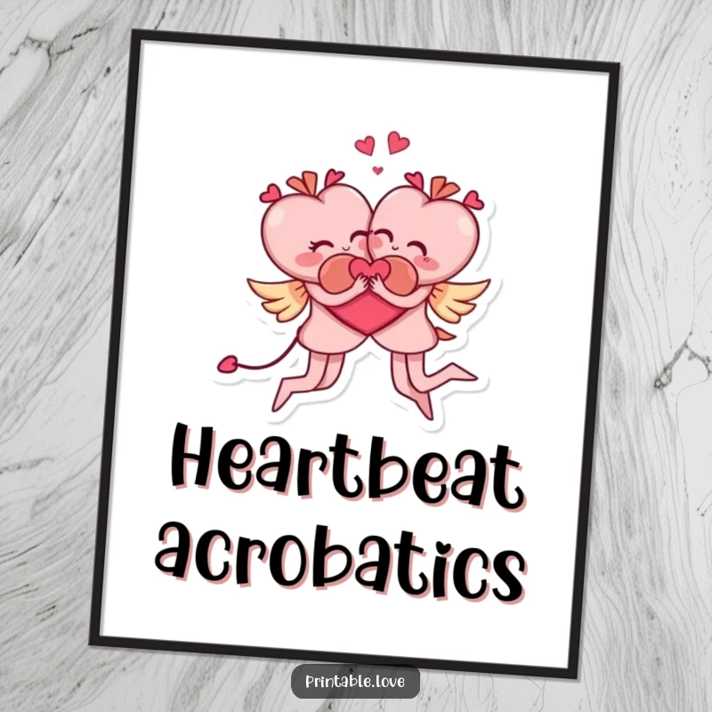 Funny digital art print of two heart characters in a dynamic, acrobatic embrace, perfect for adding playful humor to decor.