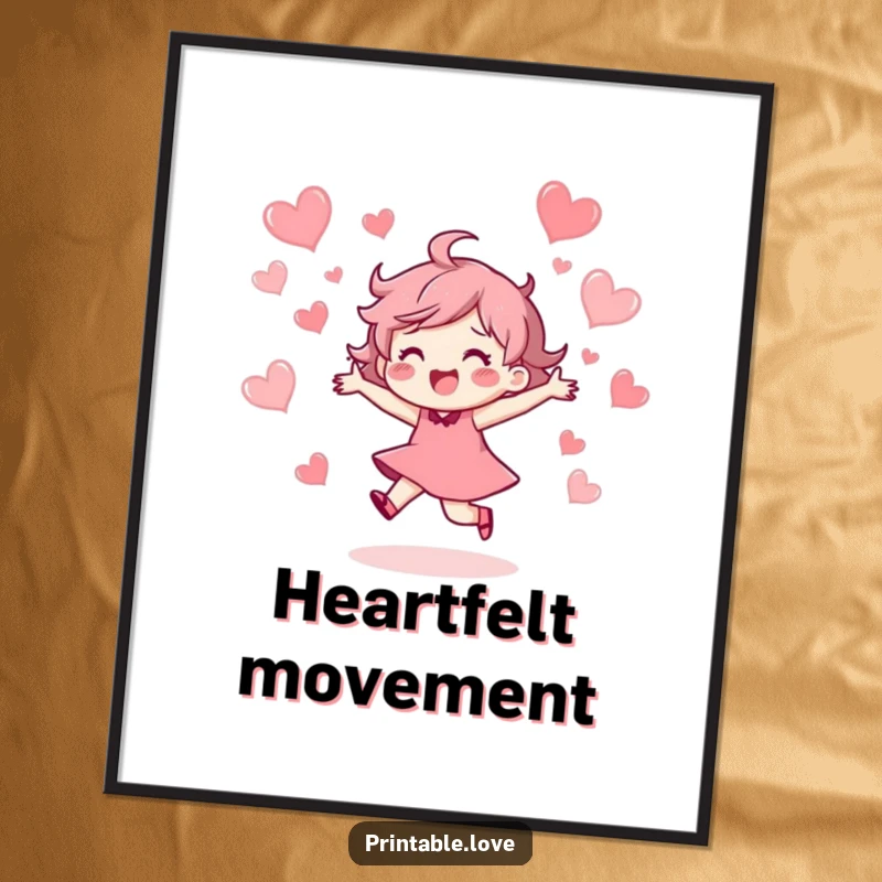 Funny Digital Art Print of a character joyfully dancing with abandon, surrounded by a magical cluster of floating hearts, radiating pure happiness.