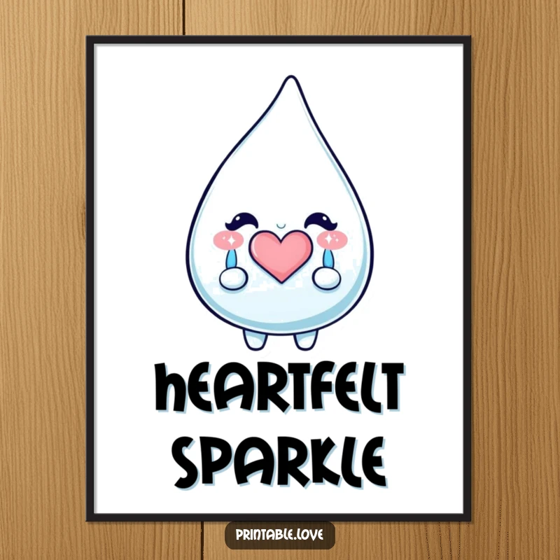 Funny Kawaii Teardrop Digital Art Print: High-resolution artwork of a teardrop character crying happy, sparkly tears forming a heart, perfect for digital display.