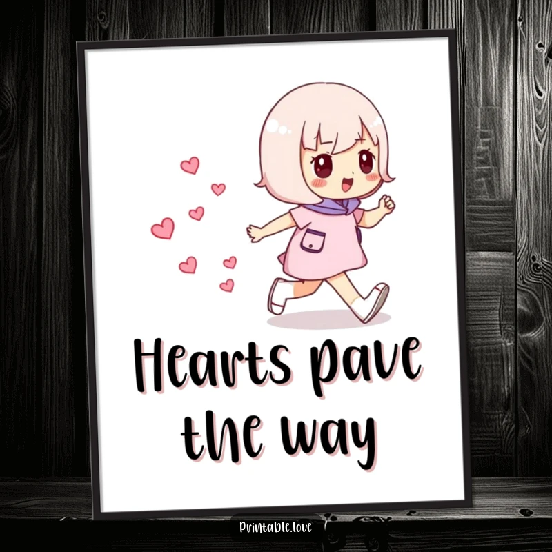 Funny Striding Hearts Digital Art Print: High-quality illustration of a character confidently walking, leaving a trail of hearts.