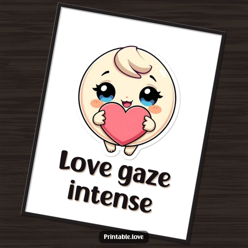 Funny Giggling Heart Digital Art: A downloadable print of a round character with huge eyes giggling while holding a giant heart, full of love.