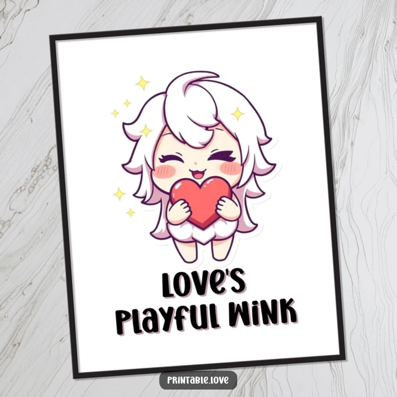 Funny Winking Heart Digital Art: A downloadable print of a sparkling character winking with a mischievous grin while holding a heart.