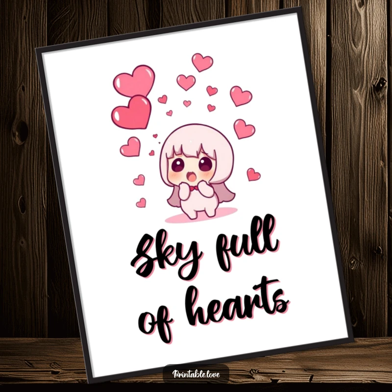 Funny digital art print of a character looking shocked as red hearts rain from the sky, instant humorous decor.