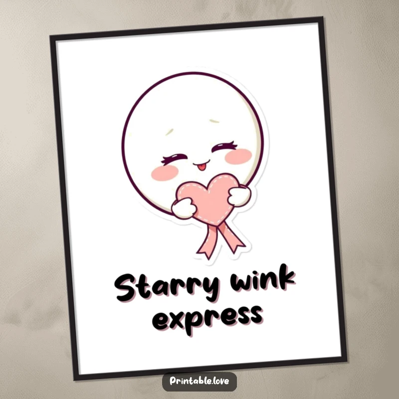 Funny kawaii moon digital art print showing a mischievous wink and a heart-shaped ribbon, ideal for instant decor.