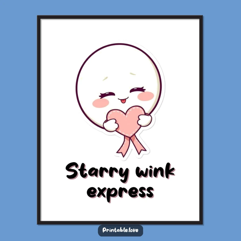 Funny Kawaii Moon Digital Art: Mischievous Wink, Heart Ribbon, Instant Gift