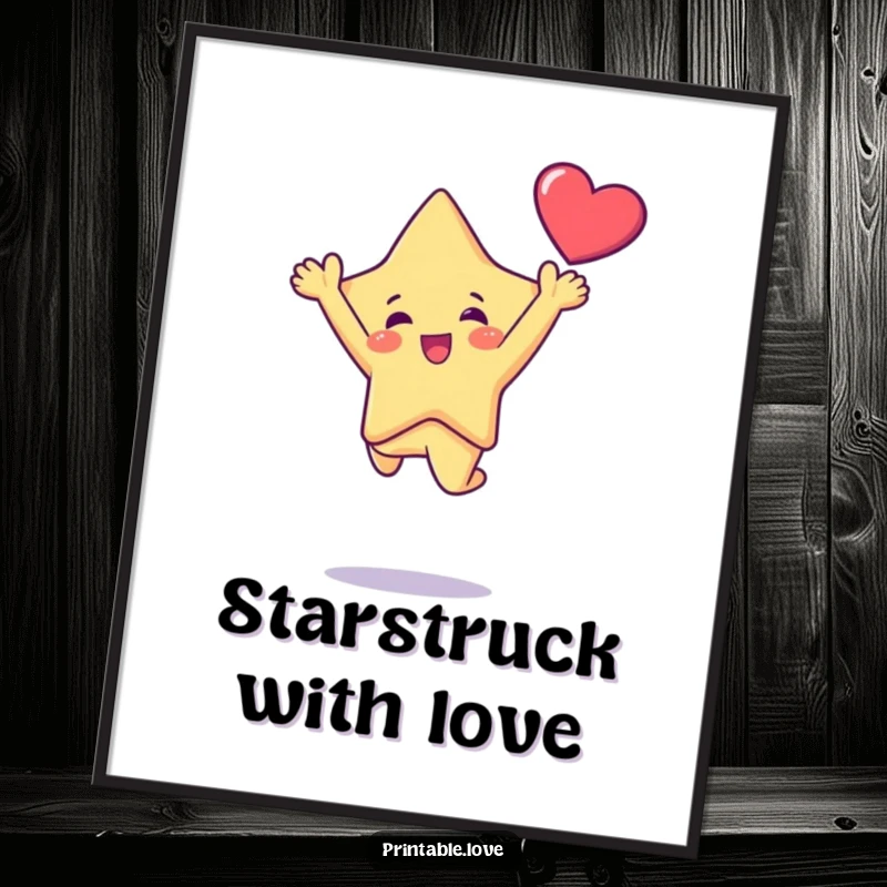 Funny Kawaii Star Character Doing a Joyful Leap Holding a Heart Aloft, Humorous Decor, Funny Gift