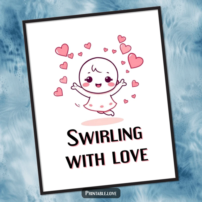 Funny digital art print of a kawaii character dancing energetically with hearts swirling around, perfect for vibrant and joyful decor.