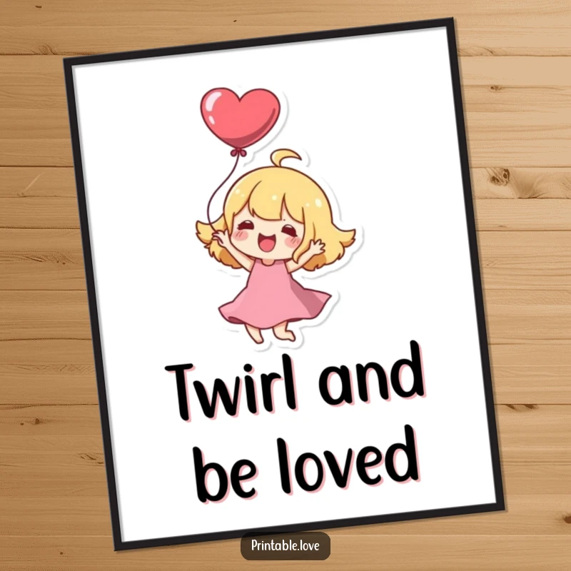 Funny Digital Art Print: A Kawaii character joyfully twirls with a heart balloon, radiating pure happiness and cuteness.