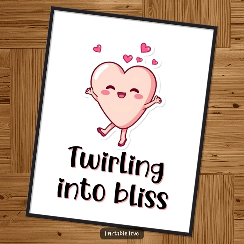 Funny, delighted heart character dancing and twirling with joy, printable digital art for a cheerful and happy space.