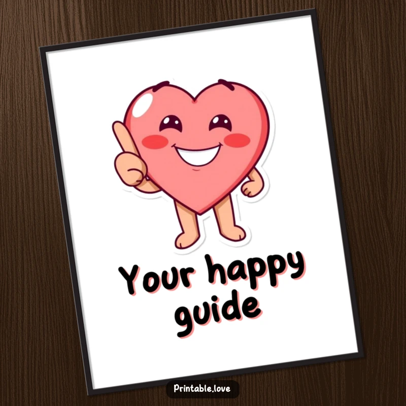 Funny heart character with a cheerful grin playfully pointing, printable digital art for cheerful and directive decor.