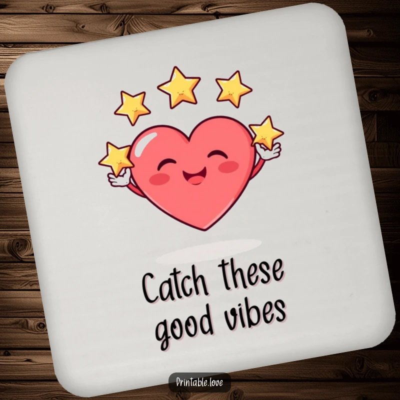 Funny drink coaster showing a heart character with a silly grin, expertly juggling three small stars, adding a touch of humor to any table.