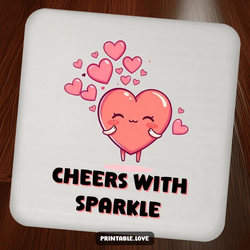 Funny drink coasters featuring a heart character blowing a cloud of sparkly hearts, adding a magical touch to drinks.