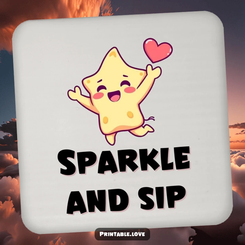 Funny Kawaii Star Drink Coaster: A cute star character leaps joyfully, holding a heart aloft, adding a celebratory and energetic touch to drink protection.