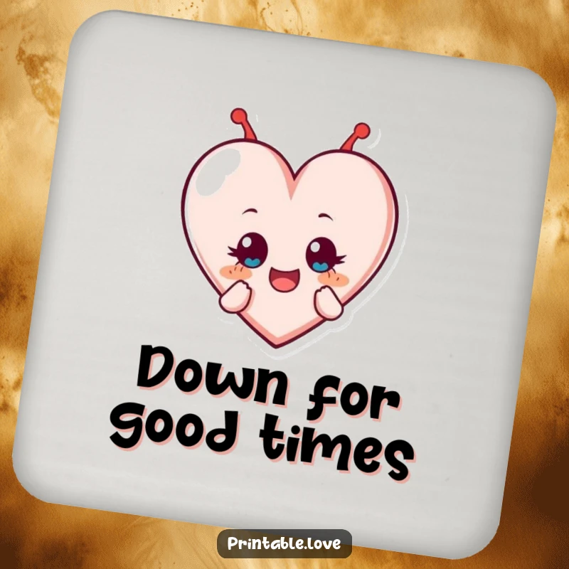 Funny drink coaster showing a heart character in mid-tumble, eyes wide with pure delight, adding a humorous and energetic touch to any table.