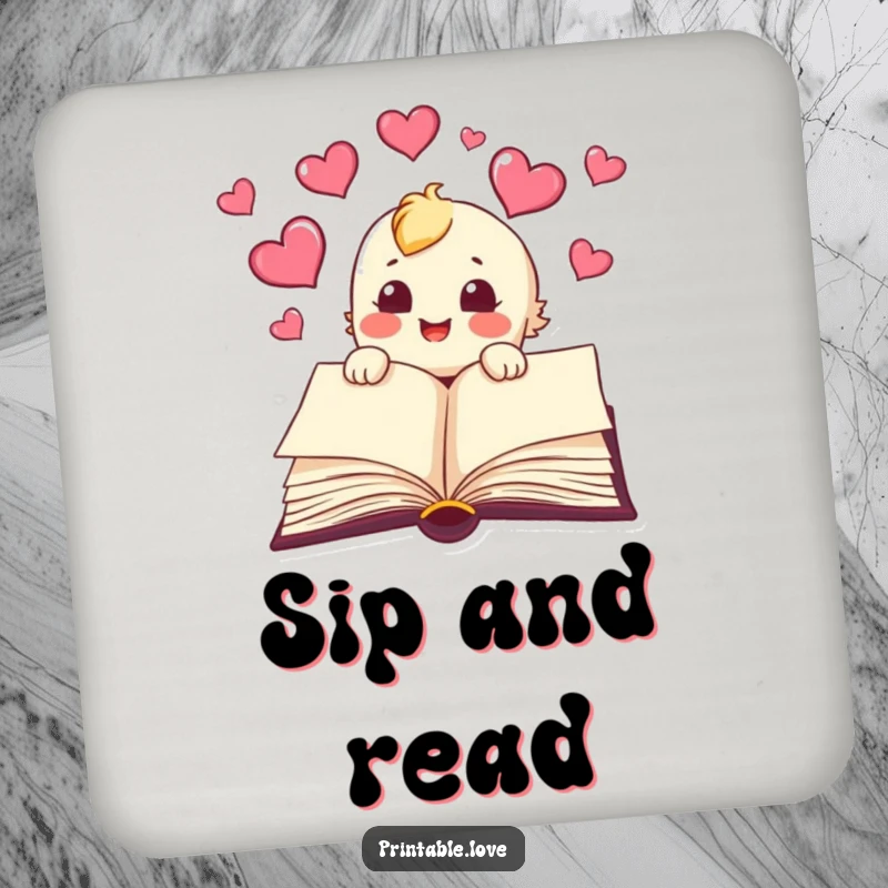 Funny book drink coaster with a character joyfully releasing hearts from its pages, protecting surfaces with literary humor.