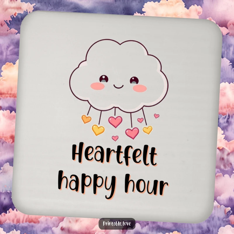Funny Cloud Coaster: A smiling cloud character showers sparkling hearts, providing humorous and protective coverage for tabletops.