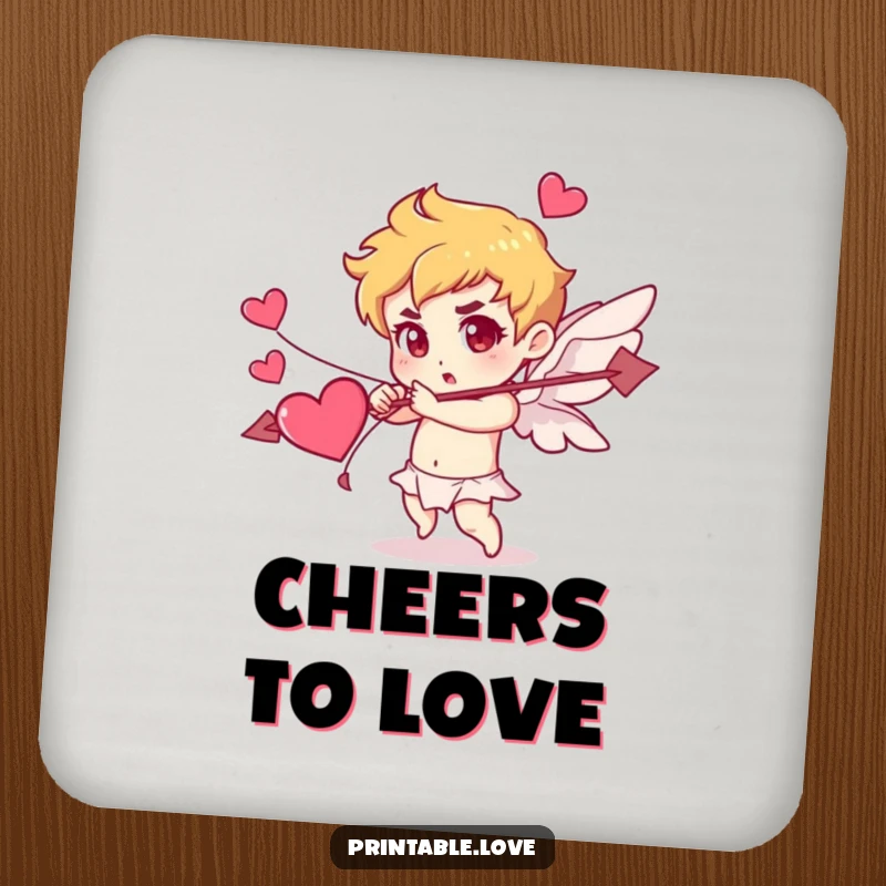 Funny Cupid drink coaster with a character determinedly shooting an arrow made of hearts, protecting surfaces with romantic humor.