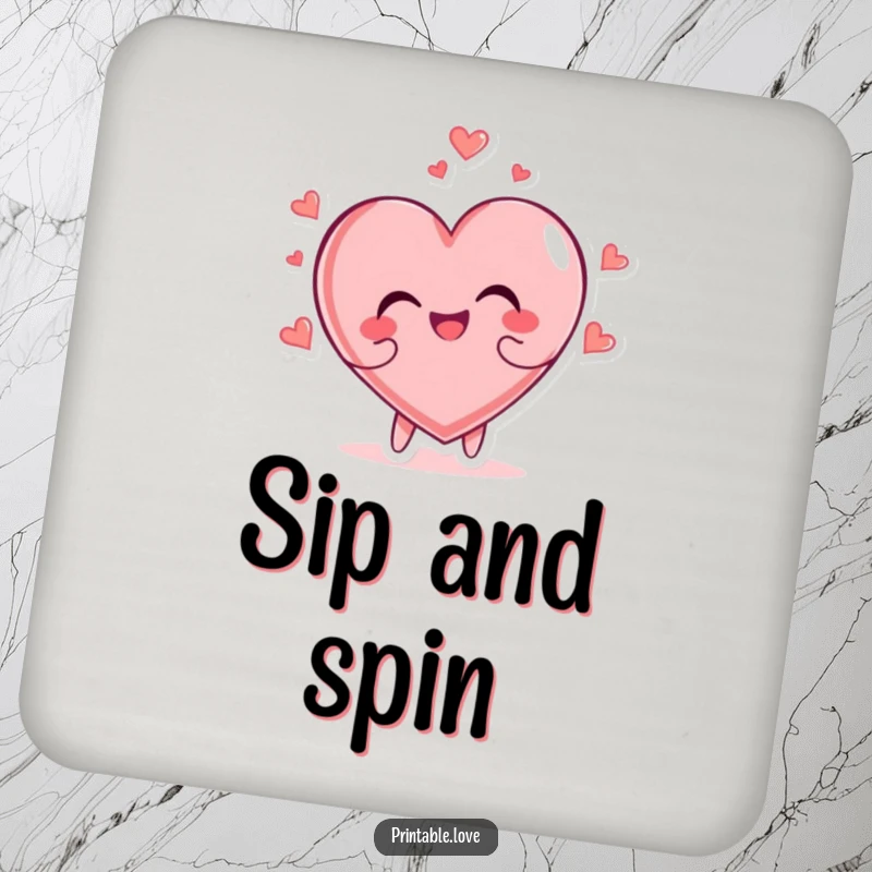 Funny heart character joyfully tumbling head over heels on cute drink coasters, adding energetic protection.